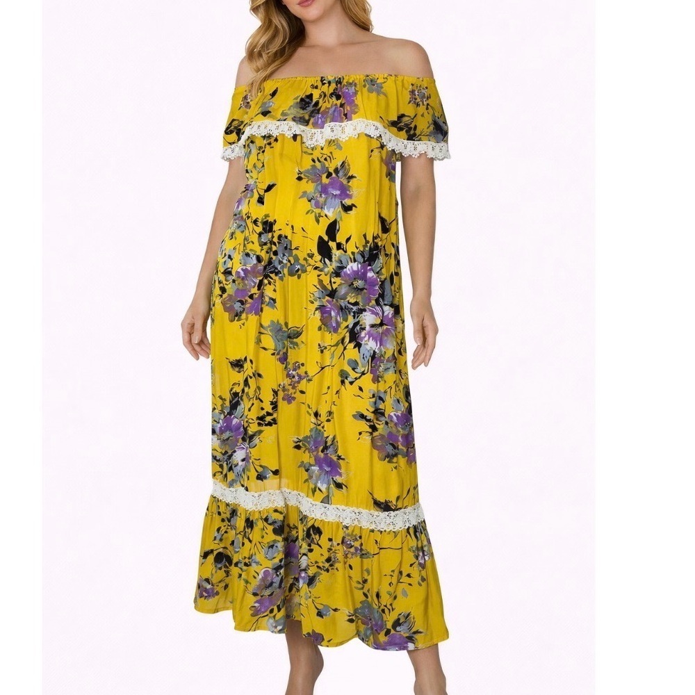 Umgee Sunny Yellow Floral On Off Shoulder Maxi Dress Bottom Tier Ruffle Side MD
